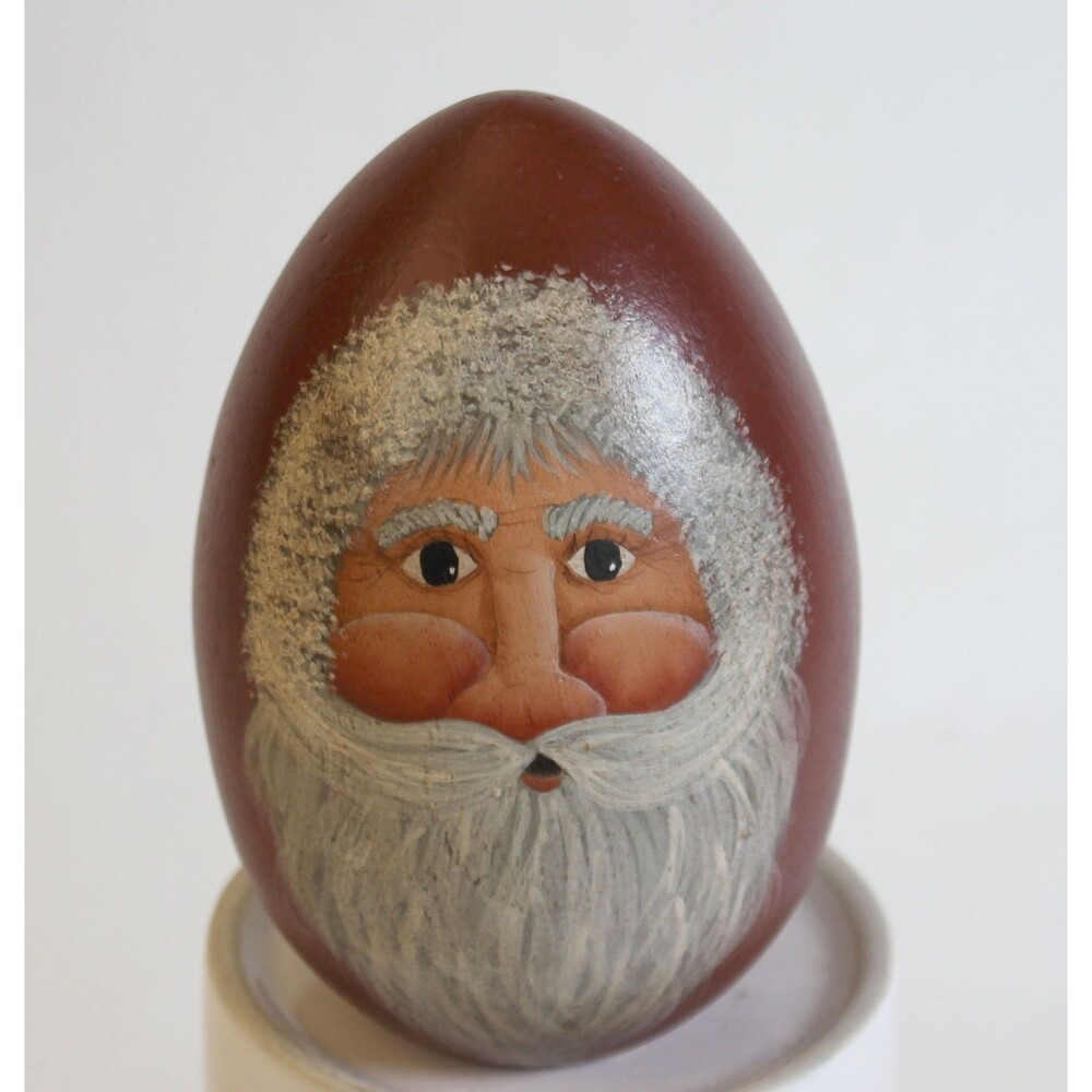Hand Painted Wooden Egg Santa Claus Christmas Folk Art 4.25” Tall Vintage